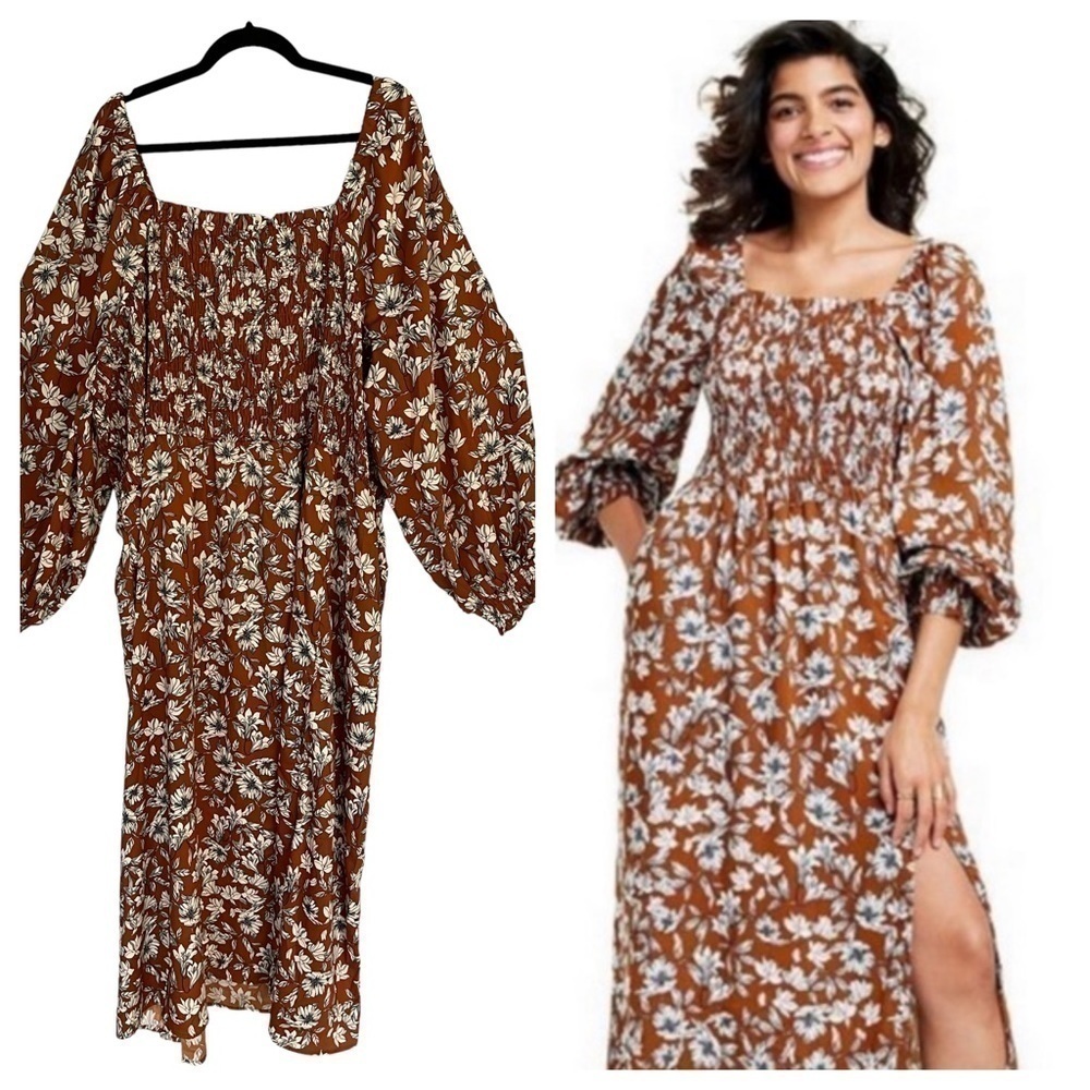 𝅺nwt La Ligne Liberty Floral Smocked Bodice Maxi Dress Brown/White Size 4XL